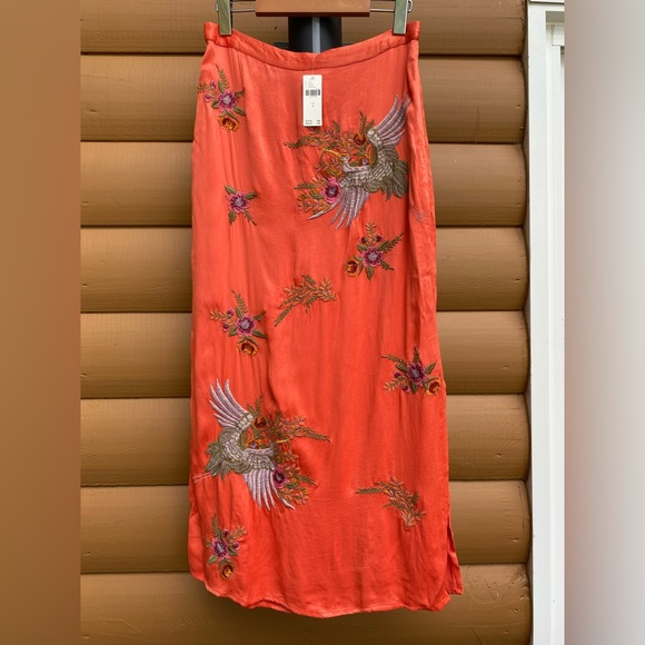 Maeve Skirt Crane Embroidered Orange Long Floral Chinese Style Anthropologie - Picture 2 of 16